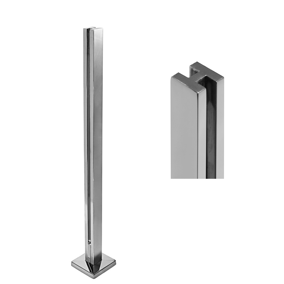 Pilastra, pilar ranurado para cristal con 2 ranuras 180º, canal interno Medidas 40x40 x 1000 mm con placa y embellecedor. Calidad/acabado: 316 Pulida alta decoración Super Mirror. opciones para cristal de 10 mm y 12 mm