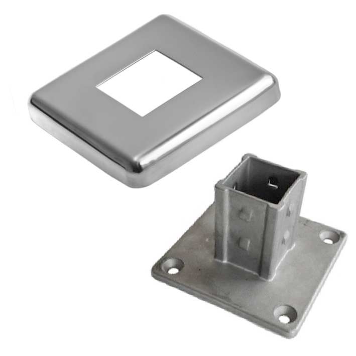 KIT SIN SOLDADURA embellecedor cuadrado 100x100m + placa anclaje 90x90mm para tubo de 40x40mm en acero inoxidable 316 Pulido